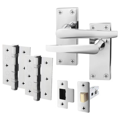 AFIT Polished Chrome Door Handle Latch Set - Internal Door Handles, Latch (64mm) & Hinges (76mm) - Straight Pattern