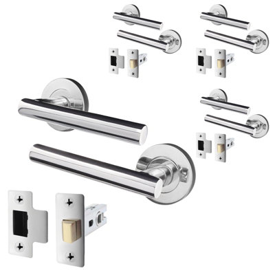 AFIT Polished Chrome Door Handle Latch Set - Pack of 4 Handles & Latch (64mm) Olvera Range