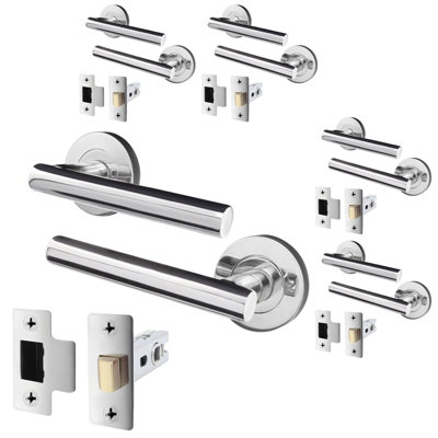 AFIT Polished Chrome Door Handle Latch Set - Pack of 5 Handles & Latch (64mm) Olvera Range