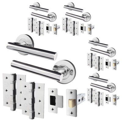 AFIT Polished Chrome Door Handle Latch set, Pack of 5 - Latch (64mm), Hinges (76mm) Olvera Range