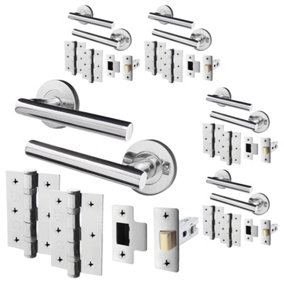 AFIT Polished Chrome Door Handle Latch set, Pack of 5 Round T Bar Internal Door Handles, Latch (66mm), Hinges (76mm)