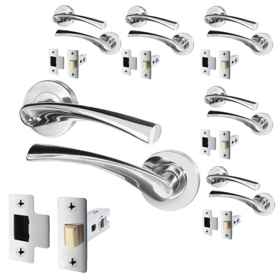 AFIT Polished Chrome Door Handle Latch Set Pack of 6 Internal Door Handles & Latch 66mm Novi