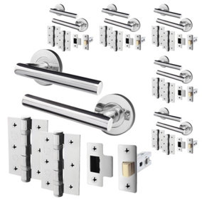 AFIT Polished Chrome Door Handle Latch set, Pack of 6 Round T Bar Internal Door Handles, Latch (64mm), Hinges (76mm)