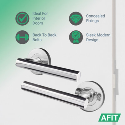 AFIT Polished Chrome Door Handle Latch set, Pack of 6 Round T Bar Internal Door Handles, Latch (64mm), Hinges (76mm)