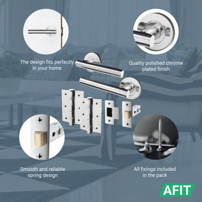 AFIT Polished Chrome Door Handle Latch set, Pack of 6 Round T Bar Internal Door Handles, Latch (64mm), Hinges (76mm)