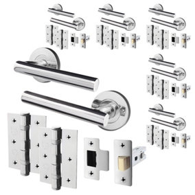 AFIT Polished Chrome Door Handle Latch set, Pack of 6 Round T Bar Internal Door Handles, Latch (66mm), Hinges (76mm)