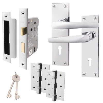 AFIT Polished Chrome Door Handle Lock Set - Internal Door Handles, Lock (64mm) & Hinges (76mm) - Straight Pattern