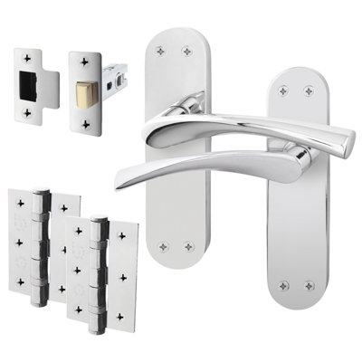 AFIT Polished Chrome Door Handle Set - Door Handles, Latch (64mm) & Hinges (76mm) - Novi Backplate Range