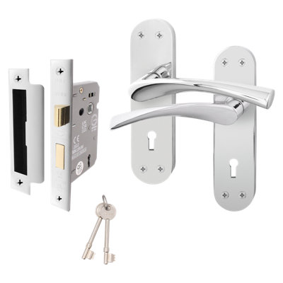 AFIT Polished Chrome Door Handle Set - Includes Lock Door Handles & Lock (64mm) - Novi Backplate Range