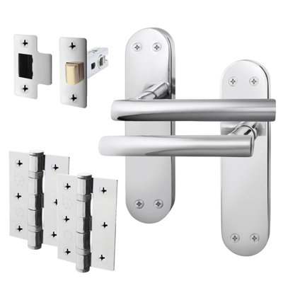AFIT Polished Chrome Door Handle Set - Internal Door Handles, Latch (64mm) & Hinges (76mm) - Olvera Backplate Range