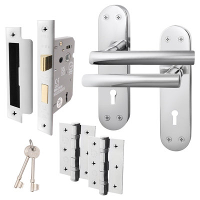 AFIT Polished Chrome Door Handle Set - Internal Door Handles, Lock (64mm) & Hinges (76mm) - Olvera Backplate Range