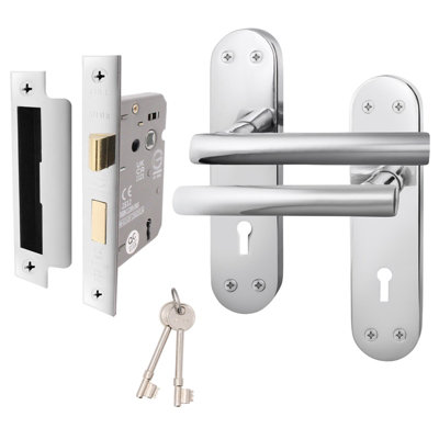 AFIT Polished Chrome Door Handle Set - Internal Door Handles & Lock (64mm) - Olvera Backplate Range