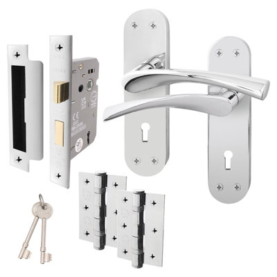 AFIT Polished Chrome Door Handle Set -  Lock Door Handles, Lock (64mm) & Hinges 76mm - Novi Backplate Range