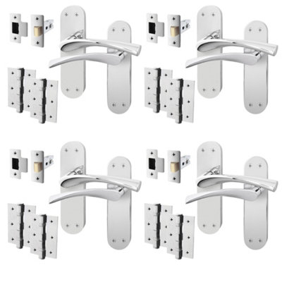 AFIT Polished Chrome Door Handle Set - Pack 4 - Door Handles, Latch (64mm) & Hinges (76mm) - Novi Backplate Range
