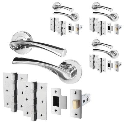 AFIT Polished Chrome Door Handle Set - Pack 4 - Includes Door Handles, Latch (64mm) & Hinges (76mm) - Novi Range