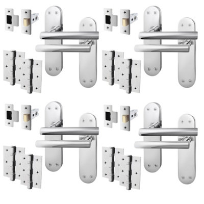 AFIT Polished Chrome Door Handle Set - Pack 4 - Internal Door Handles, Latch (64mm) & Hinges (76mm) - Olvera Backplate