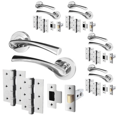 AFIT Polished Chrome Door Handle Set - Pack 5 - Includes Door Handles, Latch (64mm) & Hinges (76mm) - Novi Range