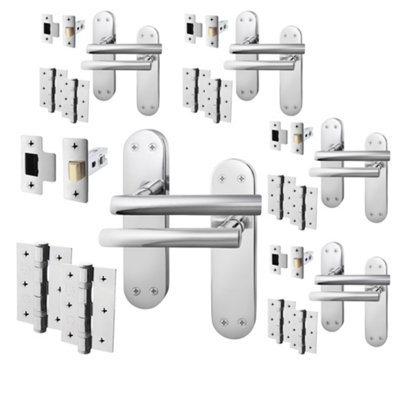 AFIT Polished Chrome Door Handle Set - Pack 5 - Internal Door Handles, Latch (64mm) & Hinges (76mm) - Olvera Backplate