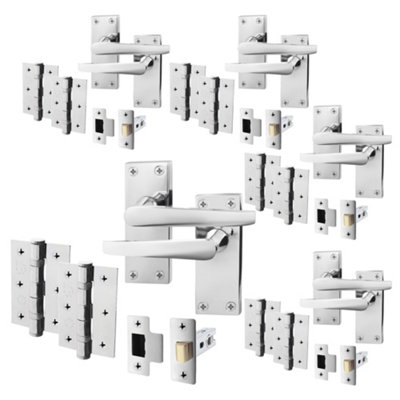 AFIT Polished Chrome Door Handle Set - Pack 5 - Internal Door Handles, Latch (64mm) & Hinges (76mm) - Straight Pattern