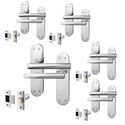 AFIT Polished Chrome Door Handle Set - Pack 5 - Internal Door Handles & Latch (64mm) - Olvera Backplate Range