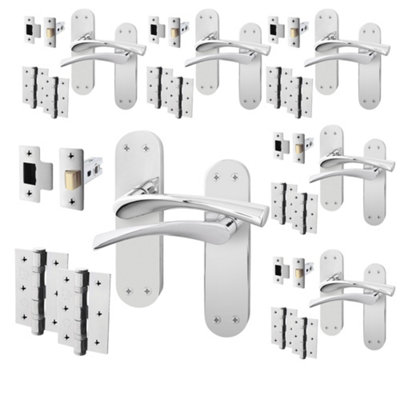 AFIT Polished Chrome Door Handle Set - Pack 6 - Door Handles, Latch (64mm) & Hinges (76mm) - Novi Backplate Range