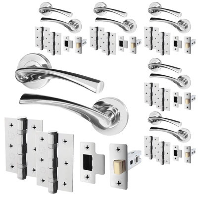 AFIT Polished Chrome Door Handle Set - Pack 6 - Includes Door Handles, Latch (64mm) & Hinges (76mm) - Novi Range