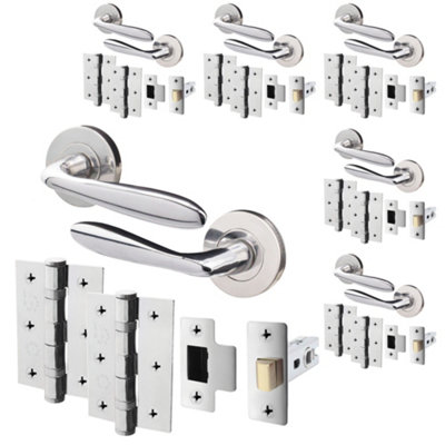 AFIT Polished Chrome Door Handle Set - Pack 6 - Includes Door Handles, Latch (64mm) & Hinges (76mm) - Santeau Range Price Comparisons | Compare The Build