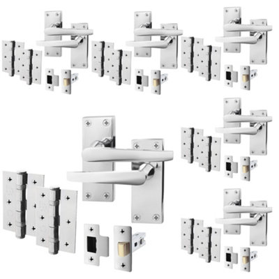 AFIT Polished Chrome Door Handle Set - Pack 6 - Internal Door Handles, Latch (64mm) & Hinges (76mm) - Straight Pattern