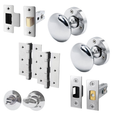 AFIT Polished Chrome Door Knob Set - 1 Pair of Knobs (55mm), Latch & Deadbolt (76mm), Hinges (76mm) & Turn & Release