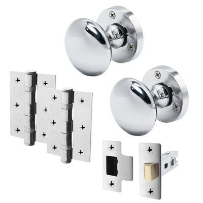 AFIT Polished Chrome Door Knob Set - 1 Pair of Victorian Mortice Knobs (55mm), Latch (76mm) & Hinges (76mm)