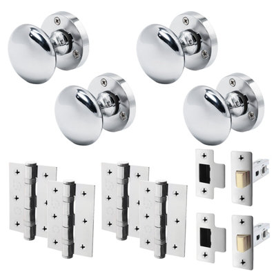 AFIT Polished Chrome Door Knob Set - 2 Pairs of Victorian Mortice Knobs (55mm), Latch (76mm) & Hinges (76mm)