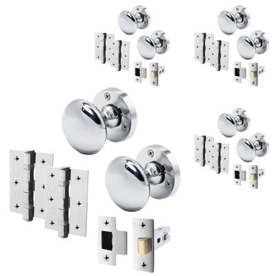 AFIT Polished Chrome Door Knob Set - 4 Pairs of Victorian Mortice Knobs (55mm), Latch (76mm) & Hinges (76mm)