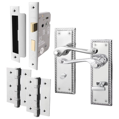 AFIT Polished Chrome Georgian Bathroom Door Handle Set - Internal Door Handles, Lock (64mm) & Hinges (76mm)