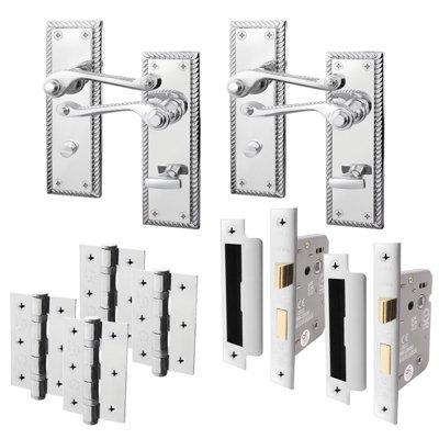 AFIT Polished Chrome Georgian Bathroom Door Handle Set - Pack 2 - Internal Door Handles, Lock (64mm) & Hinges (76mm)