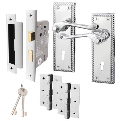AFIT Polished Chrome Georgian Scroll Door Handle Lock Set - Internal Door Handles, Lock (64mm) & Hinges (76mm)