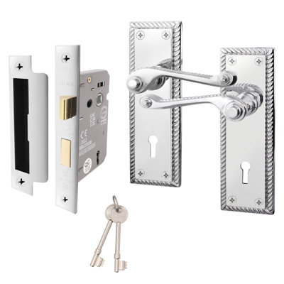 AFIT Polished Chrome Georgian Scroll Door Handle Lock Set - Internal Door Handles & Lock (64mm)