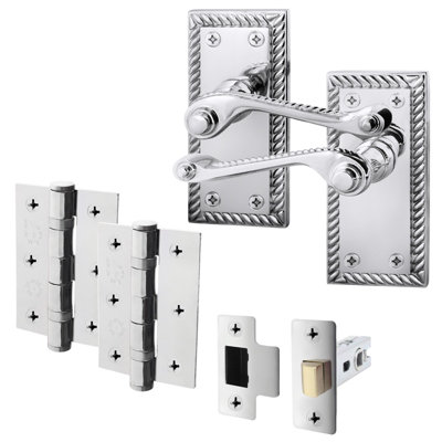 AFIT Polished Chrome Georgian Scroll Door Handle Set - Internal Door Handles, Latch (64mm) & Hinges (76mm)