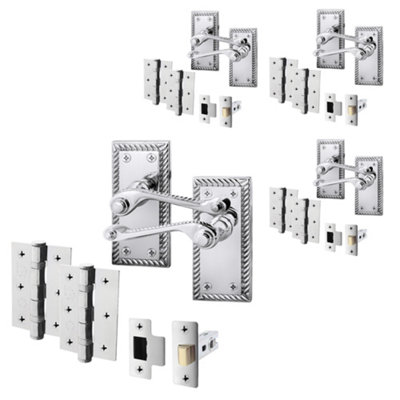 AFIT Polished Chrome Georgian Scroll Door Handle Set - Pack 4 - Internal Door Handles, Latch (64mm) & Hinges (76mm)