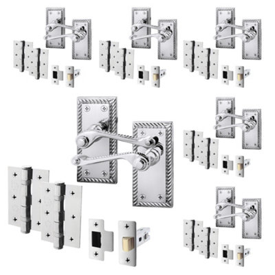 AFIT Polished Chrome Georgian Scroll Door Handle Set - Pack 6 - Internal Door Handles, Latch (64mm) & Hinges (76mm)