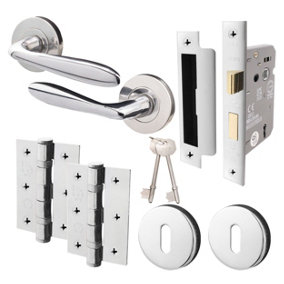 AFIT Polished Chrome Key Lock Door Handle Set - Internal Door Handles, 66mm Lock, 76mm Hinges & 2 Escutcheons - Sarran Range