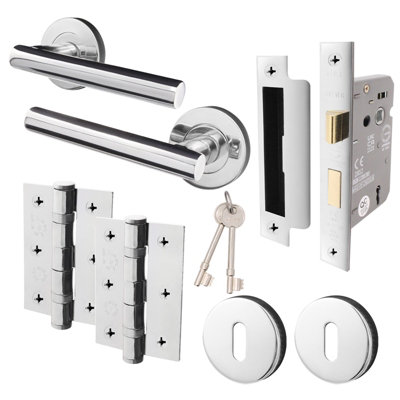 AFIT Polished Chrome Key Lock Door Handle Set Sash Lock (64mm), Hinges & 2 Escutcheons Olvera Range