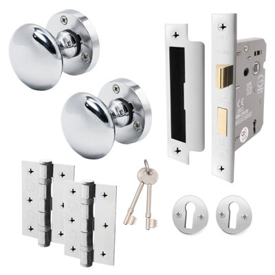 AFIT Polished Chrome Key Lock Door Knob Set - 1 Pair of Victorian Mortice Knobs (55mm), Sash Lock (80mm) & Hinges (76mm)