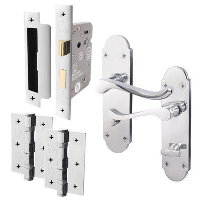 AFIT Polished Chrome Shaped Victorian Scroll Bathroom Door Handle Set - Internal Door Handles, Lock (64mm) & Hinges (76mm)