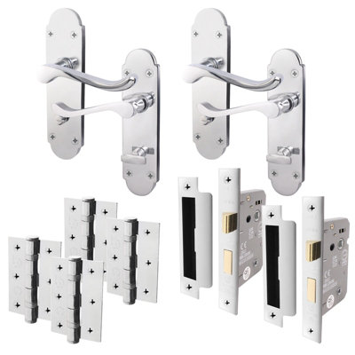 AFIT Polished Chrome Shaped Victorian Scroll Bathroom Door Handle Set - Pack 2 - Internal Door Handles, Lock (64mm), Hinges (76mm)