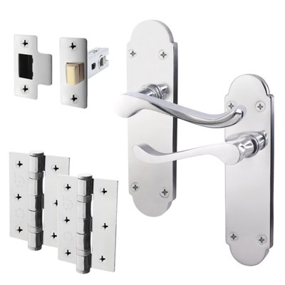 AFIT Polished Chrome Shaped Victorian Scroll Door Handle Set - Internal Door Handles, Latch (64mm) & Hinges (76mm)