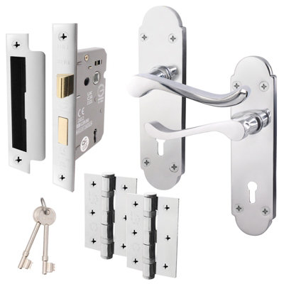 AFIT Polished Chrome Shaped Victorian Scroll Door Handle Set - Internal Door Handles, Lock ( 64mm) & Hinges (76mm)