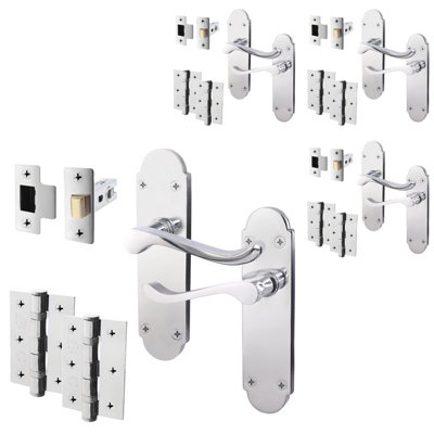 AFIT Polished Chrome Shaped Victorian Scroll Door Handle Set - Pack 4 - Internal Door Handles, Latch (64mm) & Hinges (76mm)