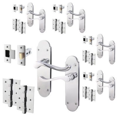 AFIT Polished Chrome Shaped Victorian Scroll Door Handle Set - Pack 5 - Internal Door Handles, Latch (64mm) & Hinges (76mm)