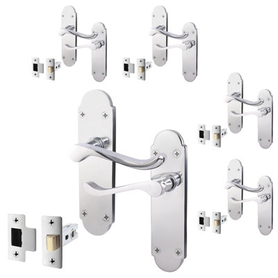 AFIT Polished Chrome Shaped Victorian Scroll Door Handle Set - Pack 5 - Internal Door Handles & Latch (64mm)