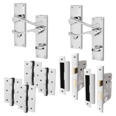AFIT Polished Chrome Traditional Victorian Scroll Bathroom Door Handle - Pack 2 - Internal Door Handles, Lock 64mm & Hinges 76mm